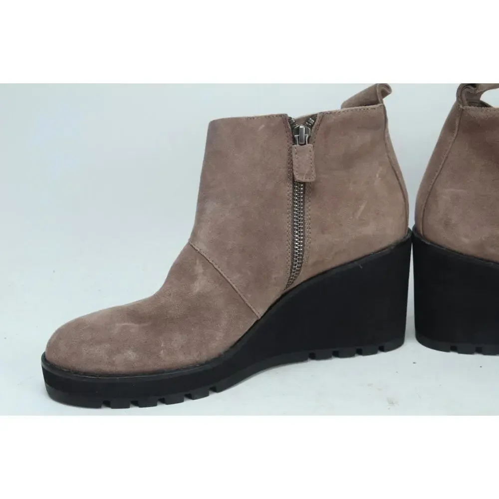 Eileen Fisher Taupe Gray Suede Leather Wedge Ankle Booties Boot Side Zip 9